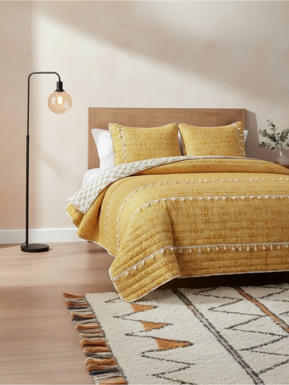 NEW Anthro Yellow Boho Reversible Tassel Queen / King Bedding Quilt & Sham Set